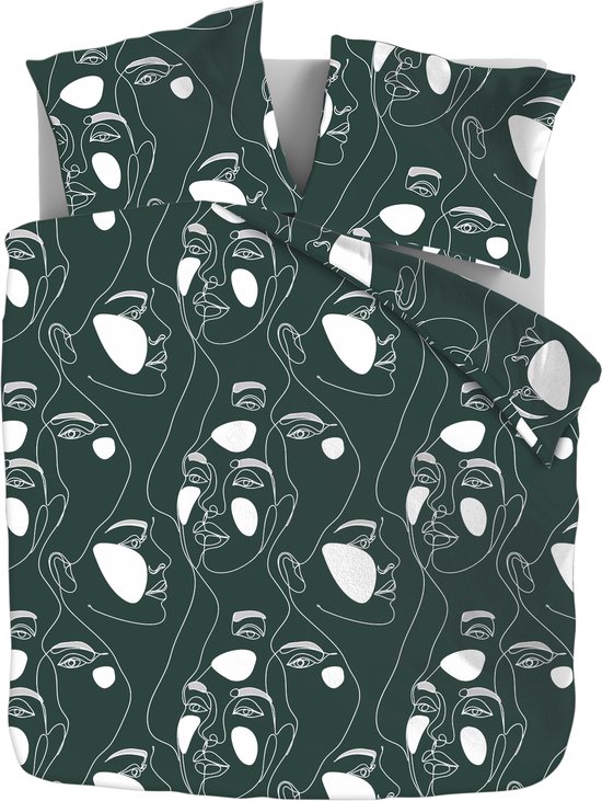 Zydante® Dekbedovertrek Printed 240x200/220 cm - Green Faces - met 2 Kussenslopen