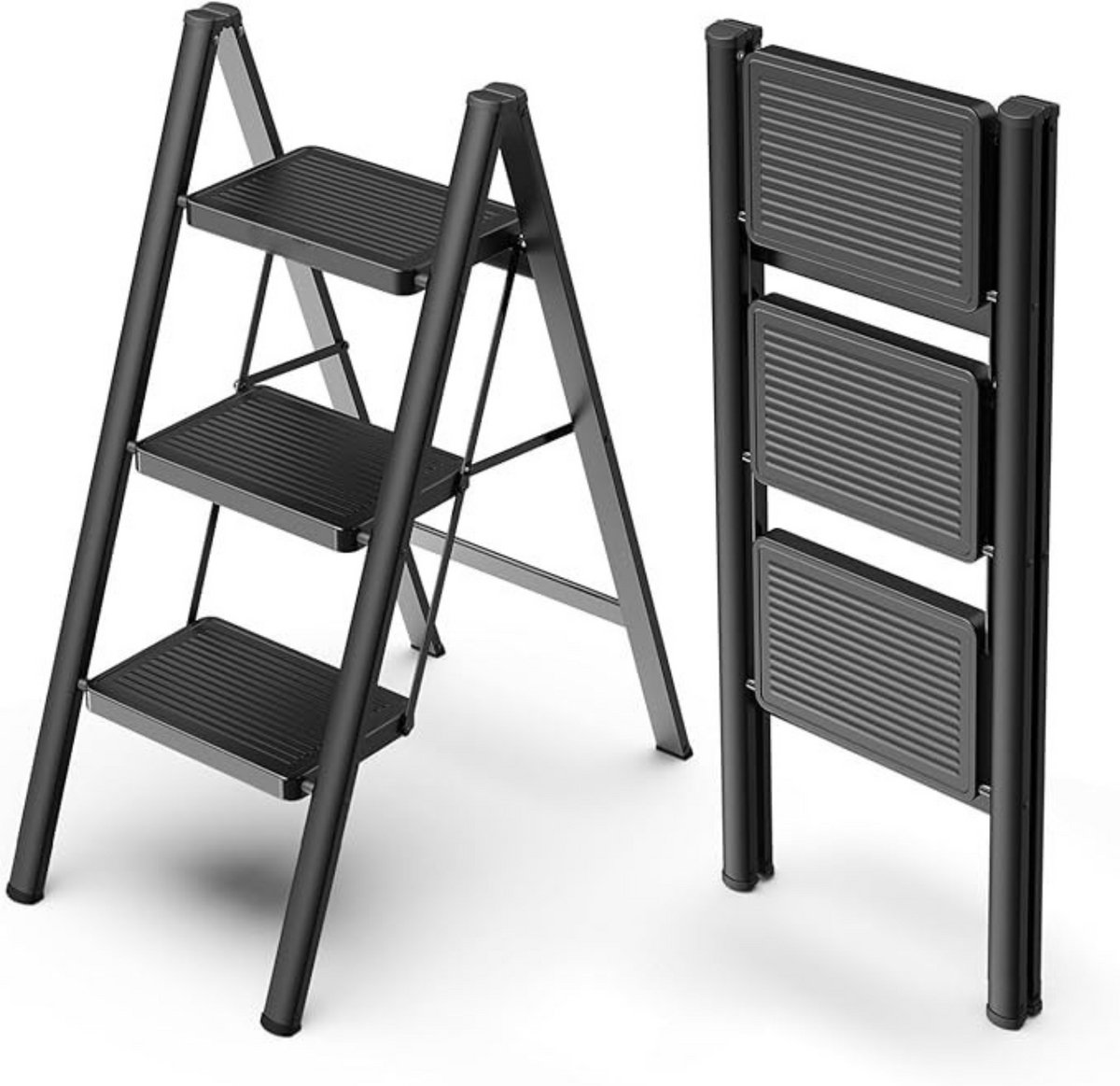 Moeve Keukentrap - Stevig en lichtgewicht, makkelijk op te bergen - Huishoudtrap inklapbaar - Opstapje - Trap ladder - Opstap krukje - 150 kg draagvermogen - Anti-slip - 3 treden - max. Hoogte 84cm - Zwart