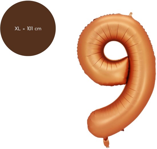 XL koperkleurige cijfer ballon 9 van 101 cm, gevacumeerd.