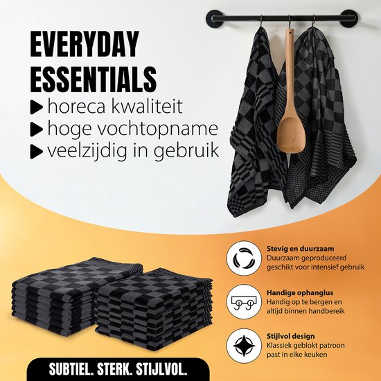 LINNICK Keukendoeken Set Blok Zwart – 50x50 – Set van 6 – Geblokt – Blokdoeken – 100% katoen – Keukendoek – handdoeken