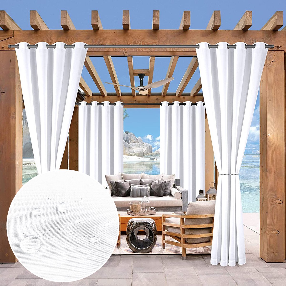 Qelus Waterdicht Verduisterend Buitengordijn met Ringen - UV & Geluidsbescherming + Kreukherstellend - 132x244cm - Gratis Gordijnband voor Terras/Tuin/Woonkamer - Wit