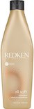 Bouteille de shampooing Redken All Soft dorée claire avec bouchon blanc. L'étiquette présente un motif circulaire.