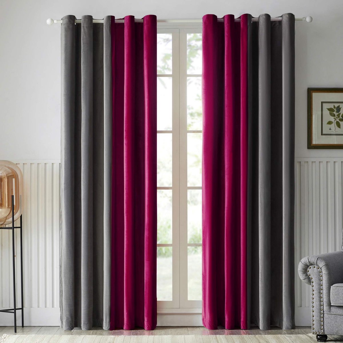 Unyqoos Luxueuze Fluwelen Verduisteringsgordijnen met Ringen voor Slaapkamer en Woonkamer - 132 x 145 cm - Grijs en Bordeauxrood bordeaux grijs