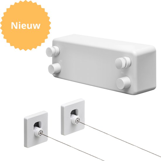 Wasrek Corde à Linge Extensible 2x7 Mètre - Fil d'Acier - Corde à Linge - Corde à Linge en Rouleau - Portant - Wit