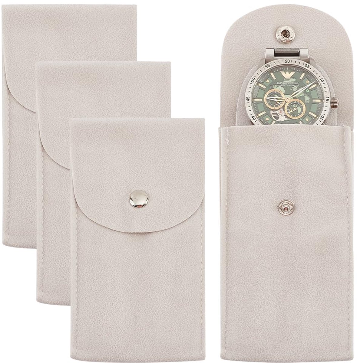 4 stuks horlogetasje, opbergtas voor horloges, witte draagbare fluwelen horlogereistas met organizer en inzetstuk voor buitenreizen, 13 x 6,8 x 0,6 cm