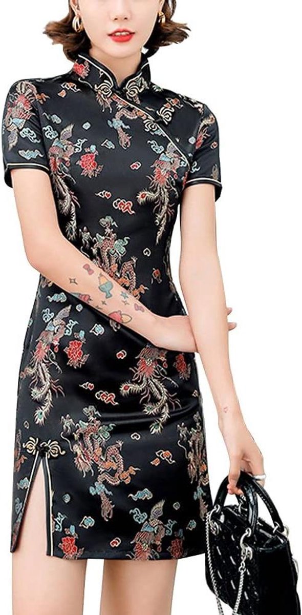 Allecto Plus - Vintage Chinese Cheongsam Korte Mouw Bloemenprint Cocktail Jurk met Split en Mandarin Kraag