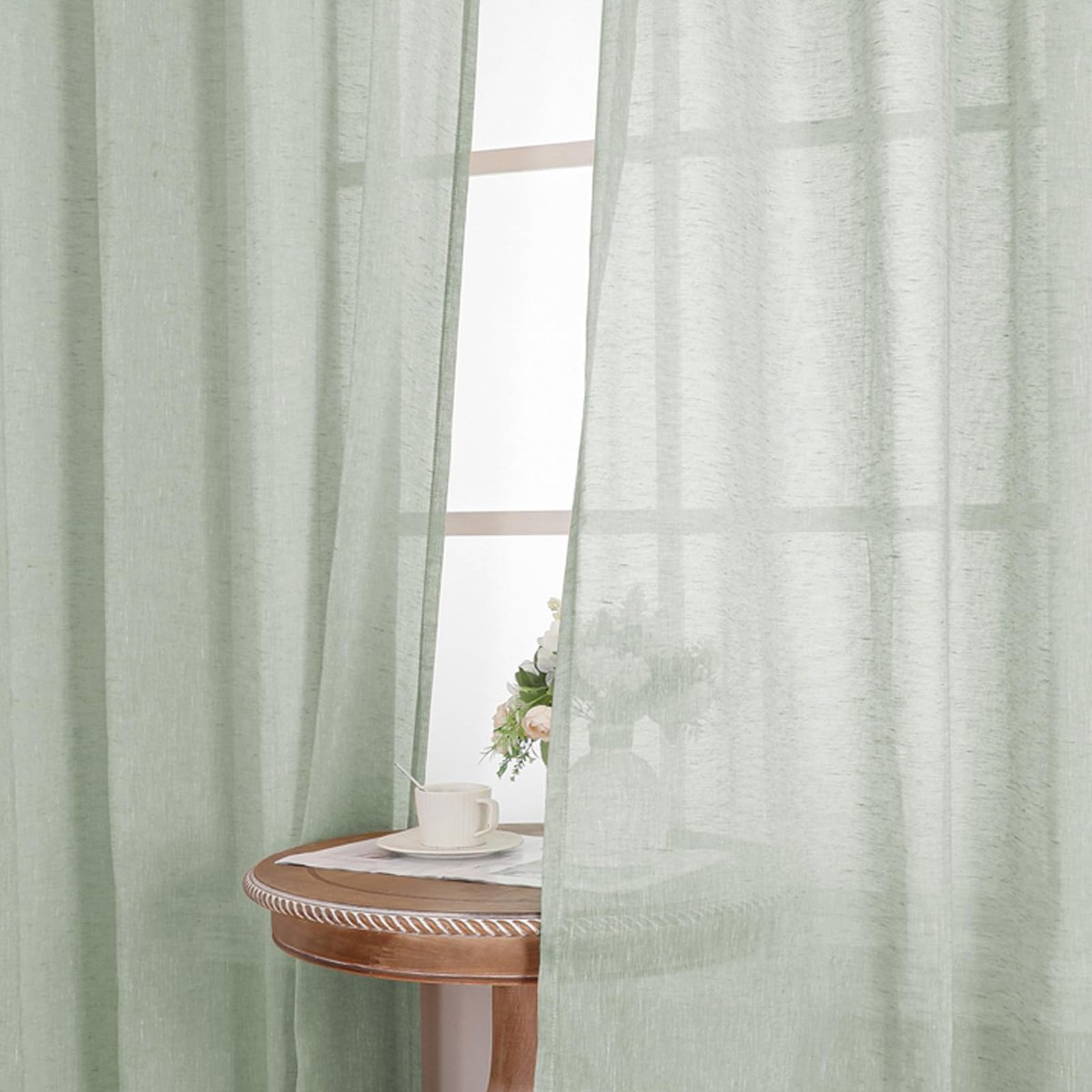 Ibenzoa Luxe linnenlook gordijnen set voor sfeervolle woonkamerdecoratie, semi-transparant, 122 x 140 cm, 2 stuks salie licht