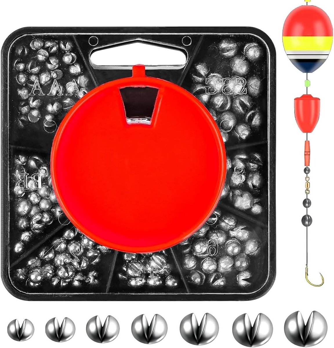 Allecto Plus - Visgewichtenset met looddruppel-shot en afneembare visgewichten in 7 maten assortimentsdoos (0.2 g / 0.35 g / 0.4 g / 0.8 g / 1 g / 1.5 g) - 148 g hengellood