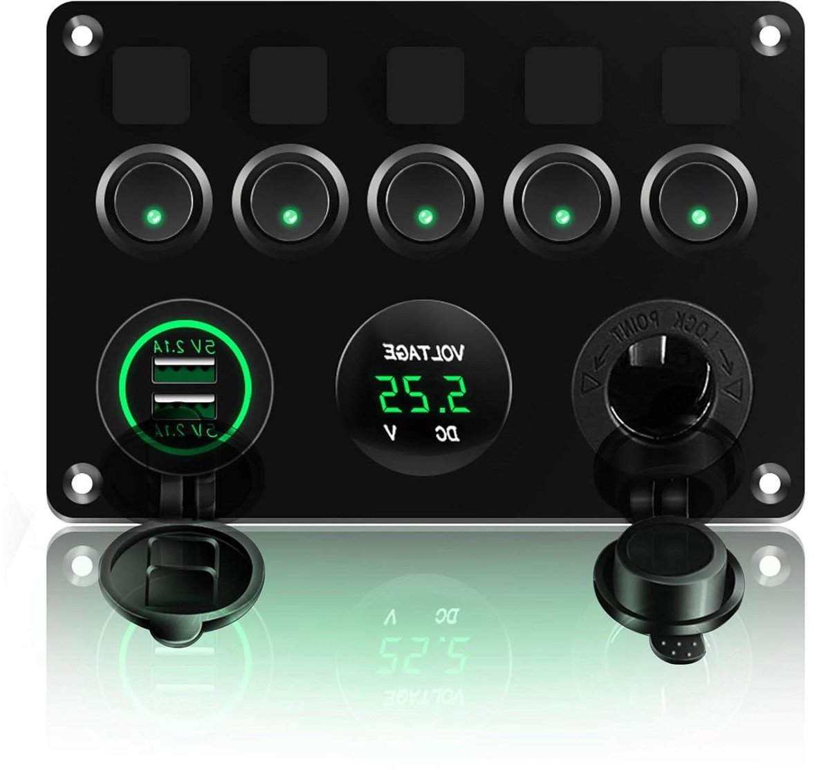 Allecto Plus - Marine Schakelpaneel met 5 Schakelaars en USB Lader 12V 24V - Waterdicht - Geschikt voor Boot, Camper en Voertuigen - Groen