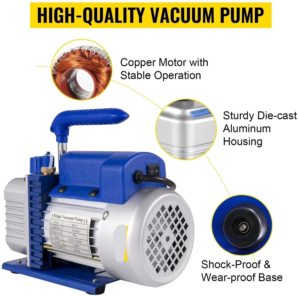 Vacuümpomp - Koelmiddel Vacuümpomp - Koelgereedschap - 1-3HP-meter, met meter - HVAC-koeling - 4.8CFM - Blauw