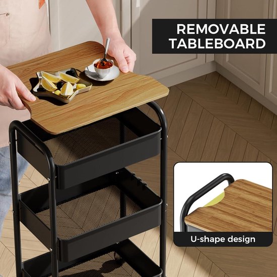 Shrivee 3-traps rolwagen met tafelblad, serveerwagen, multifunctionele