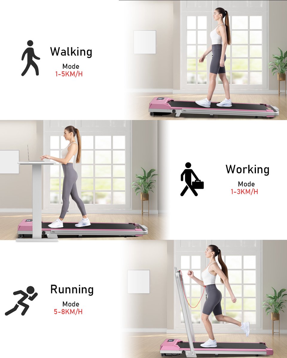 Afbeelding 2 van 3 in 1 Opvouwbare Loopband - Loopband met 7% helling - Wandelpad 1-8 km/u verstelbaar - 2,5 pk motor - Oppervlak 38,5 x 94 cm - Roze