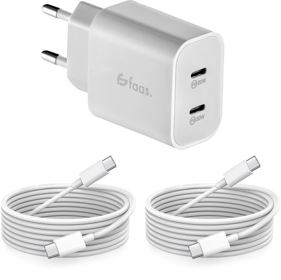 Faas USB C Oplader - Snellader - 40W - 2x 20W Poort - 2 kabels - USB C Kabel - USB C naar USB C - Wit