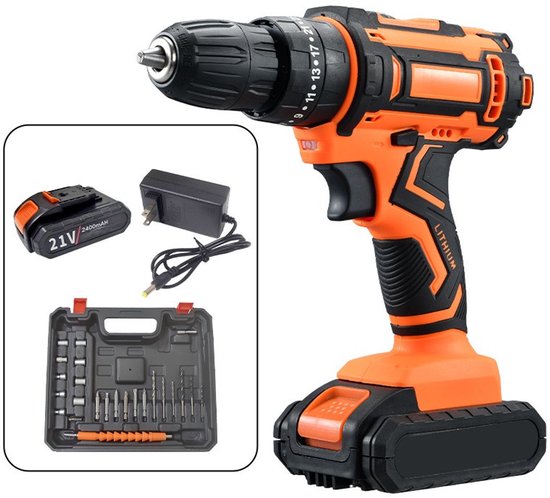 21V accuboormachine met 2 accu's 2,0 Ah, 28 Nm accuboormachine, 25+3 koppelstanden, 2 snelheden, LED, 24 accessoires en koffer, voor doe-het-zelf klussen in huis en tuin