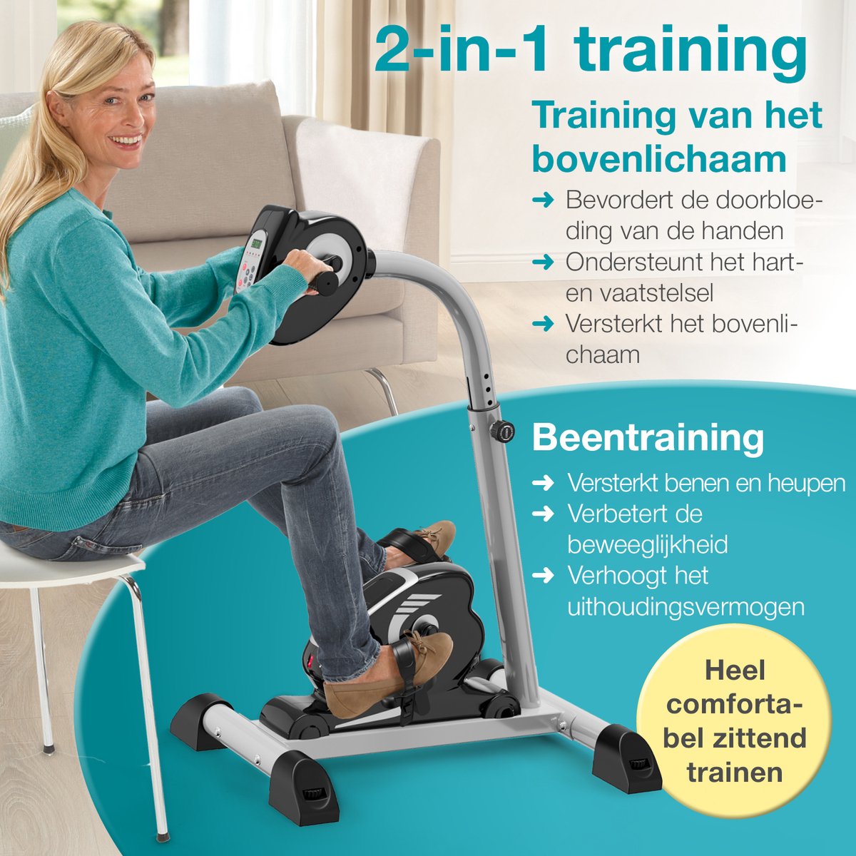Afbeelding 2 van ELONEO 2in1 arm- en beentrainer met motorondersteuning, elektrische hometrainer in hoogte verstelbaar, passieve en gewrichtsvriendelijke training van armen en benen, trainingscomputer met 6 trainingsprogramma’s