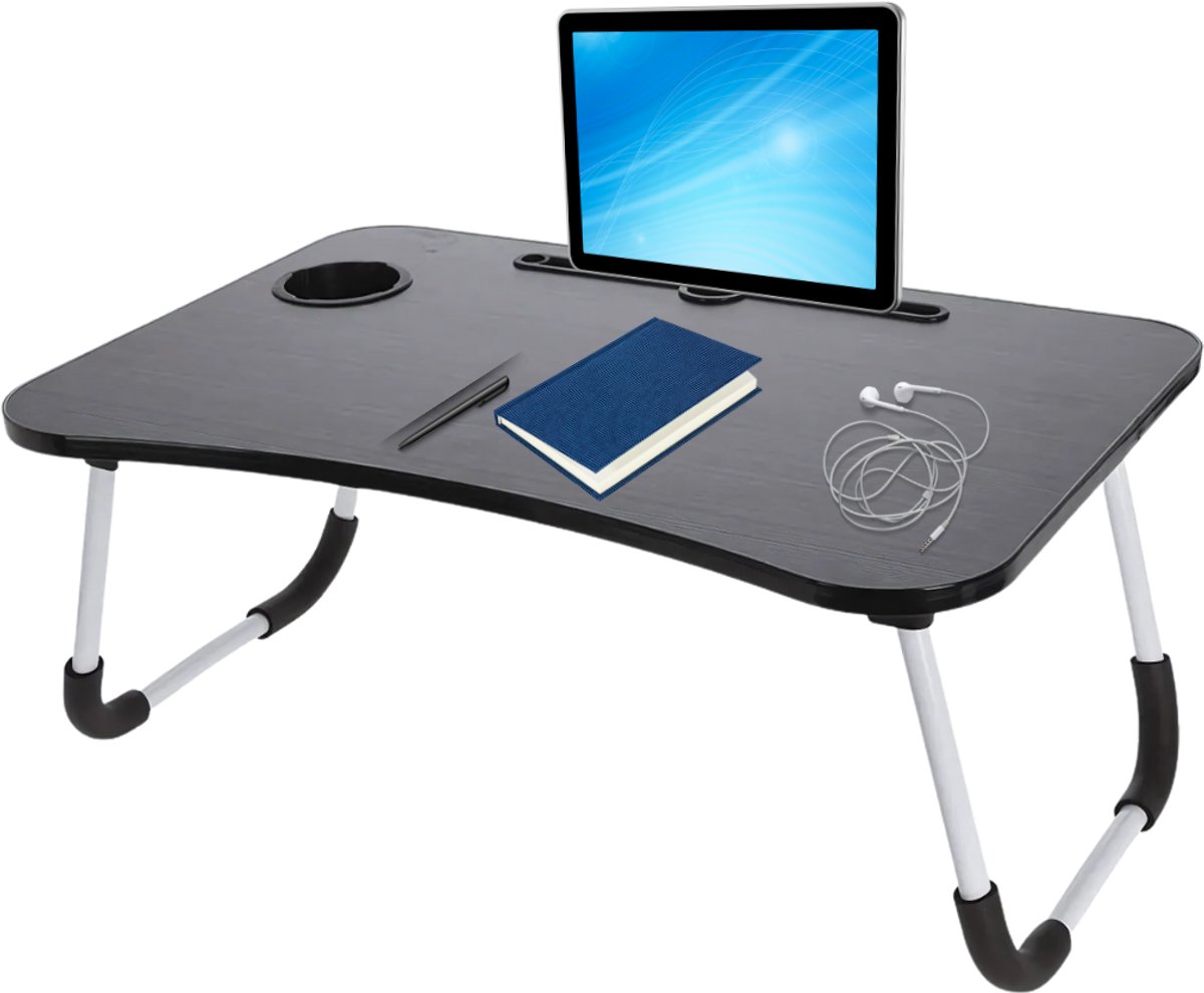 Lomera Opklapbare Laptoptafel - Bedtafel - Tafel met Tablethouder - Bekerhouder - Opberglaatje - Anti-Slip Poten - MDF Tafelblad - Metalen Frame - 60x40 CM - Zwart Tafelblad - Werken in Bed - Ontbijttafel - Compacte Afmetingen nvt