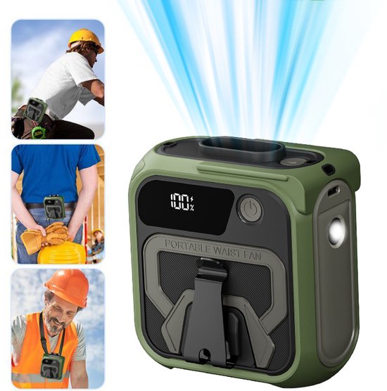 Draagbare heupventilator met clip, 5 snelheden, led-display, oplaadbaar, riemventilator voor werk, kamperen, buiten – groen