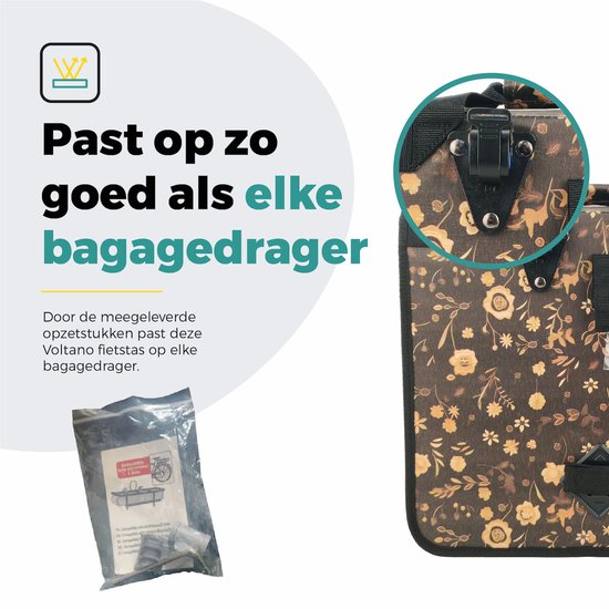 Voltano Enkele Shopper Fietstas - 17 Liter - Black Leaves - Zwart Met Bloemen - Waterdicht - Luxe Universele Bevestiging van Voltano — afbeelding 2