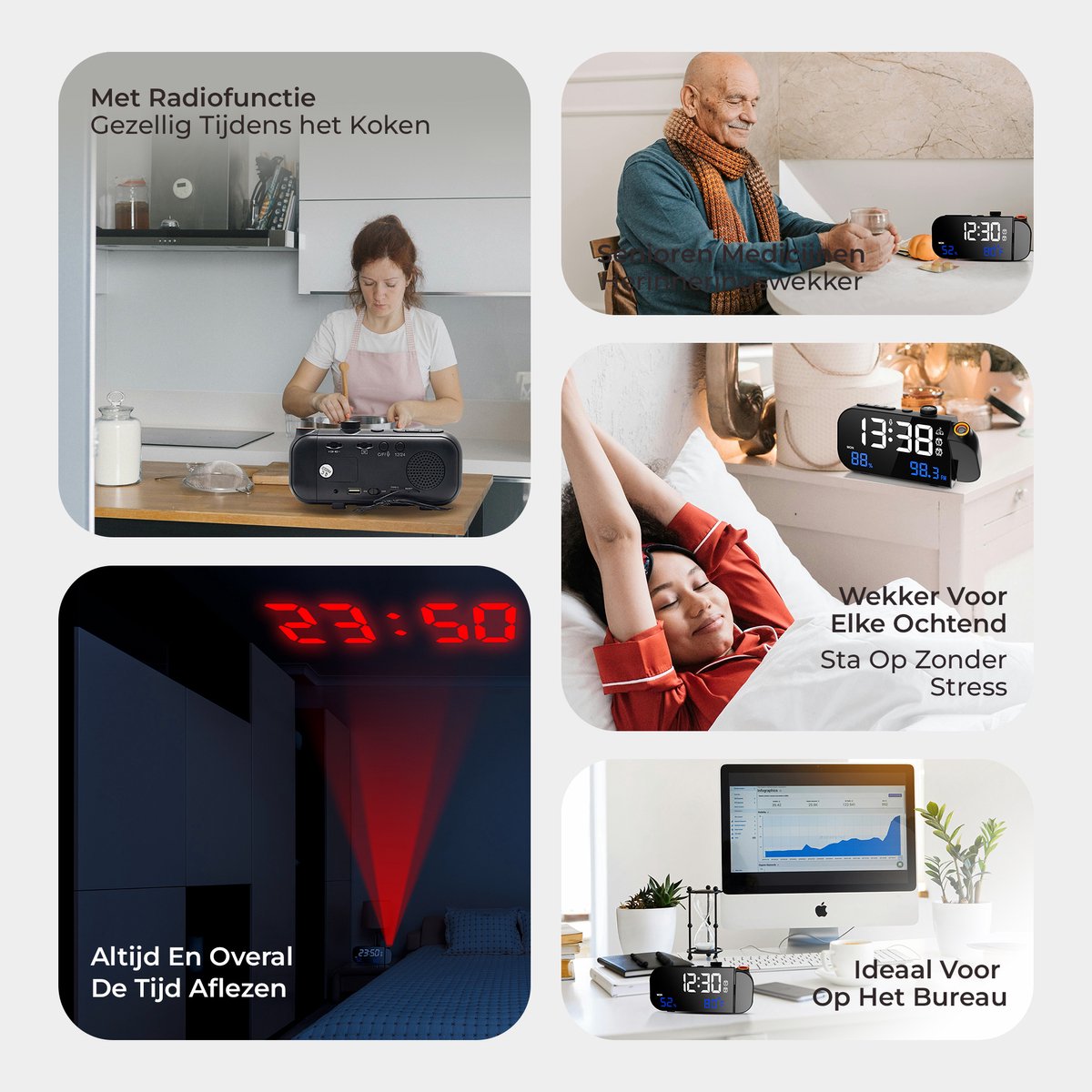 TM&DY - Digitale Wekkerradio met Projectie - Met Spraakbesturing, FM, Temperatuur & Luchtvochtigheid – Dimbaar LED Display & Dubbele Alarmfunctie - Wekkers Digitaal - Wekker met Projectie op Plafond - Projectiewekker - Projectieklok — cadeau in Elektronica - foto 6