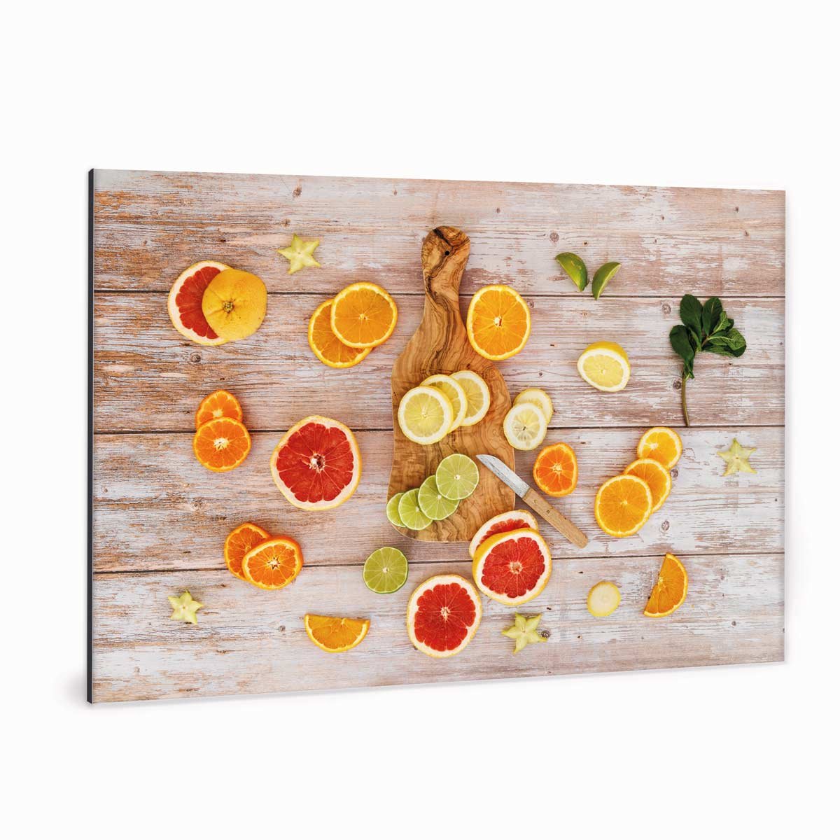 Fotoprint op aluminium - Gesneden citrusvruchten - 90x60 cm | Superhoge printkwaliteit afdruk | Extra stevig 4 mm Alupanel-Blauwbond | Voorzien van een matte afwerking | Inclusief UV-coating | Geschikt voor binnen én buiten