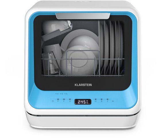 Klarstein Amazonia Mini Vaatwasser - Compact Aanrechtblad, 7 Programma's, 5L Tank of Directe Aansluiting, Energie-efficiëntieklasse D, Stil 58dB, Digitaal Display, Draagbaar Tafelblad voor Kleine Keukens, Blauw