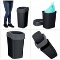 Collage de quatre images: 1. Une femme en jean se tient à côté de la poubelle. 2. La poubelle avec un sac poubelle à l'intérieur. 3. La poubelle. 4. L'intérieur de la poubelle.