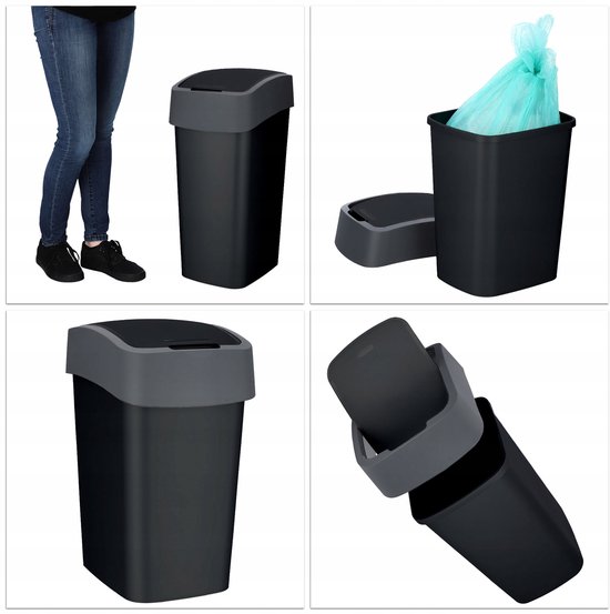 Collage de quatre images: 1. Une femme en jean se tient à côté de la poubelle. 2. La poubelle avec un sac poubelle à l'intérieur. 3. La poubelle. 4. L'intérieur de la poubelle.
