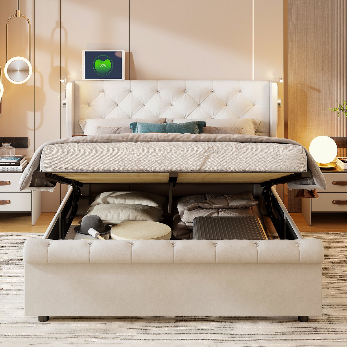 Tweepersoonsbed 140x190cm met USB/LED, hydraulisch opbergbed, continental bed, jeugdbed met lattenbodem en opbergruimte, fluweel