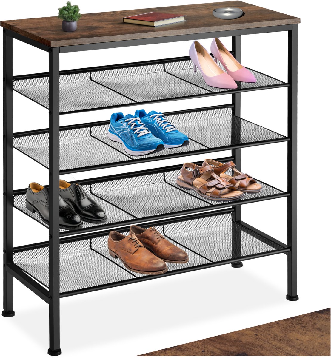 tectake® Smalle Schoenenkast met Opbergruimte – Hout & Metaal, Industriële Stijl, 5 Niveaus, 4 Roosterplanken, 75,5x30,5x85,5 cm – Industrial Dark Brown
