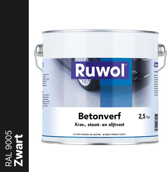 Ruwol Betonverf Zwart (RAL 9005) 2,5 liter - Voor binnen en buiten - Alle kleuren - Kras-, stoot- en slijtvaste verf voor beton en steen - Betonverf voor buiten