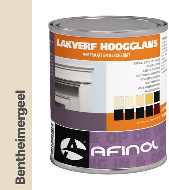 Blik Afinol Lakverf Hoogglans Bentheimergeel G0.08.84, met kleurstaaltjes.