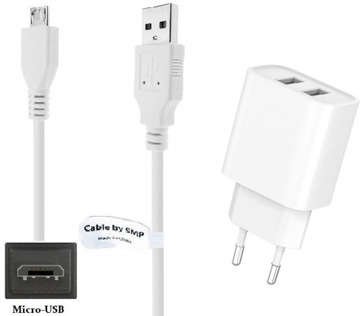 OneOne 2.4A lader met 2 poorten + 3,0m Micro USB kabel. Oplader adapter past op JBL Tune 110BT / 120TWS / 160BT / 205BT / 210 / 290 / T450BT / T460BT / 500BT / 600BTNC