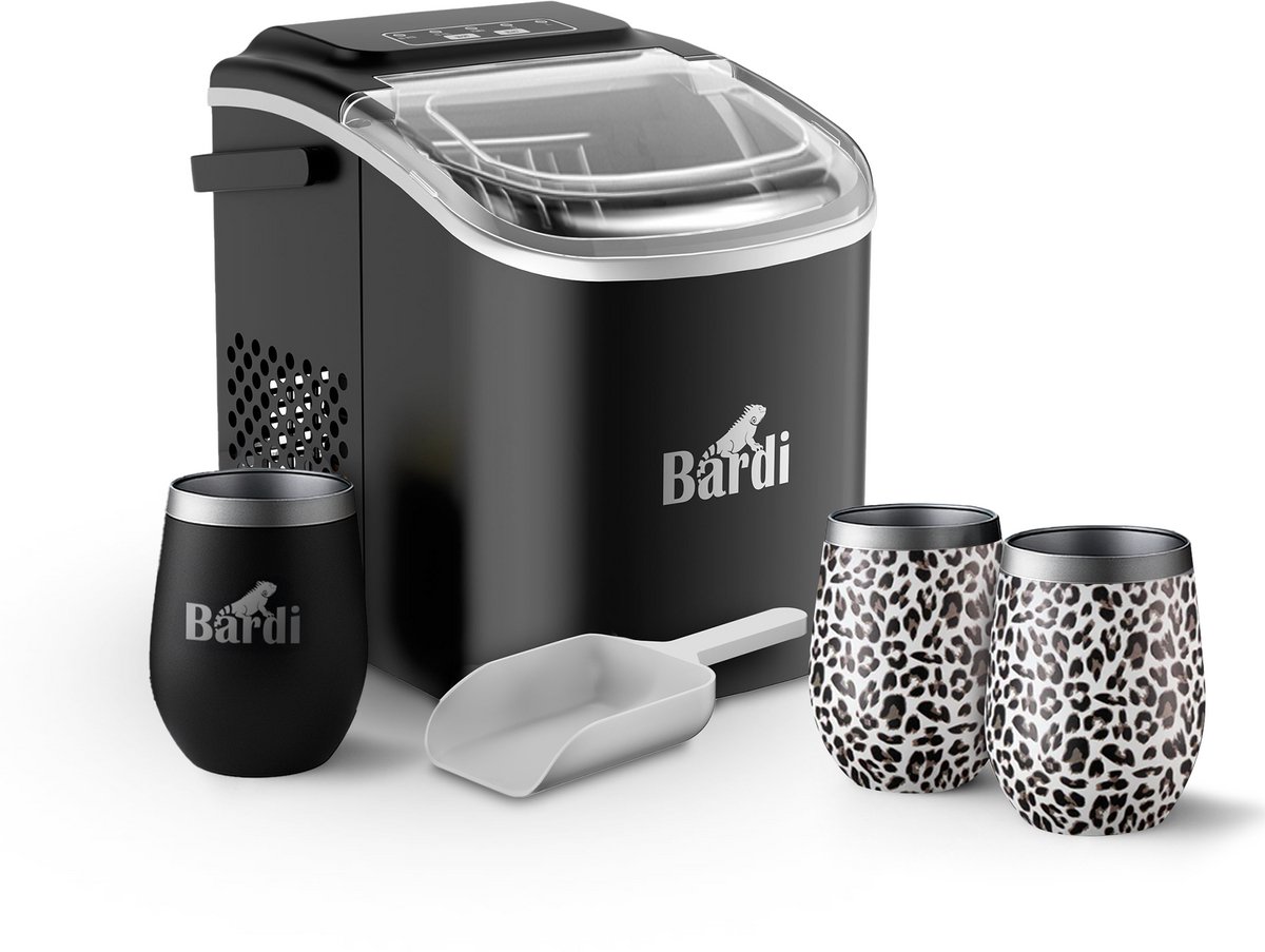 Bardi Deluxe IJsblokjesmachine Set 1,2 Liter Zwart - 12KG IJsblokjes in 24 uur - met IJsschep - Inclusief 3 Luxe Thermosbekers en Ijsschep - Leo