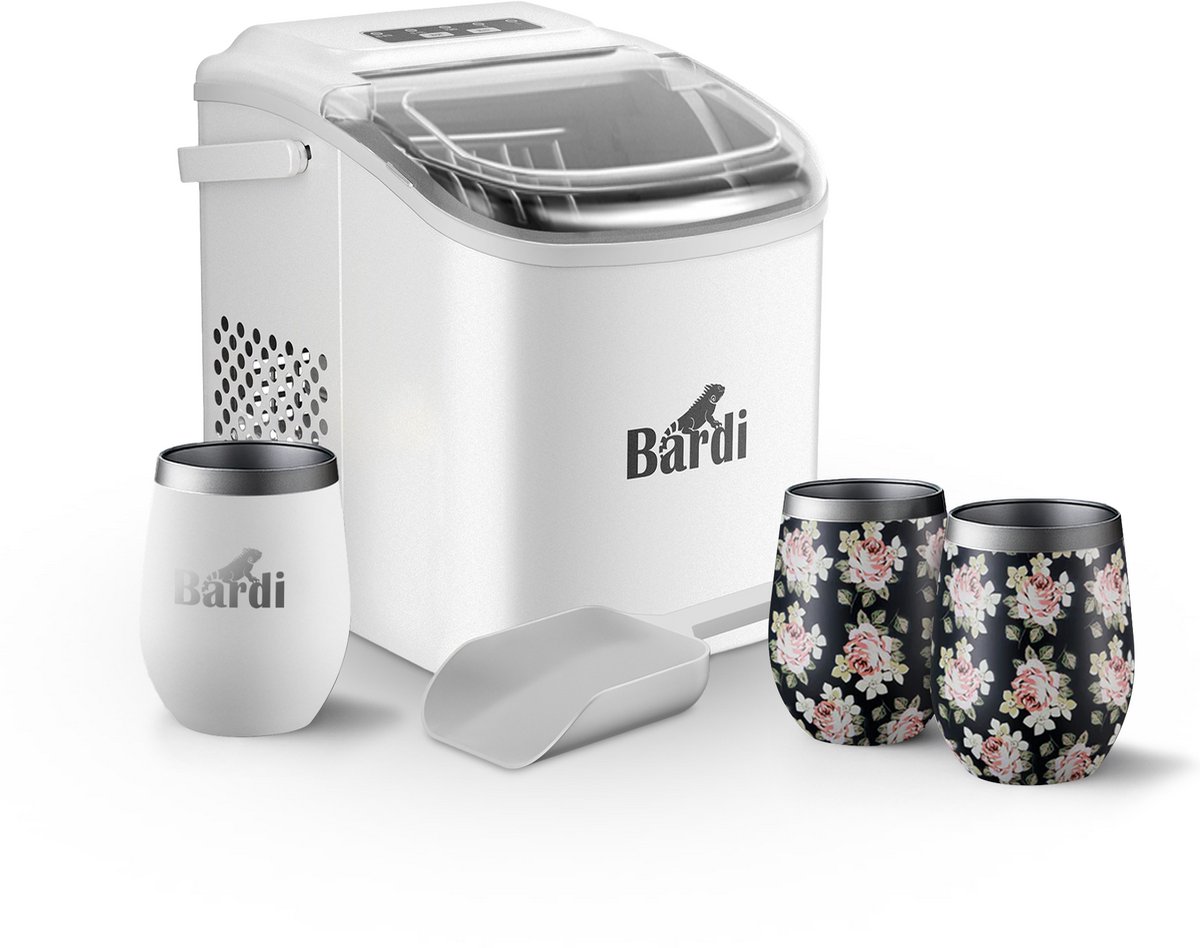 Bardi Deluxe IJsblokjesmachine Set 1,2 Liter Wit - 12KG IJsblokjes in 24 uur - met IJsschep - Inclusief 3 Luxe Thermosbekers en Ijsschep - Bloemetjes