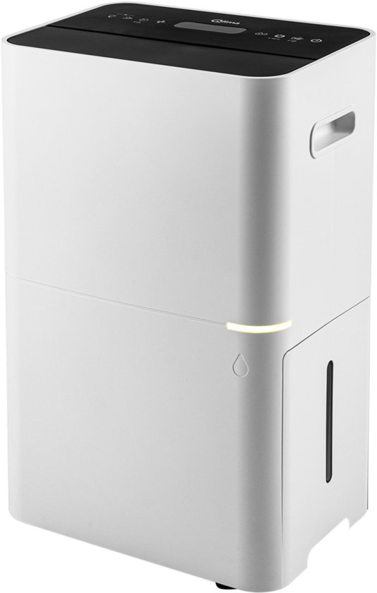 Witte Qlima luchtontvochtiger met zwart bedieningspaneel en een doorzichtige watertank aan de zijkant.