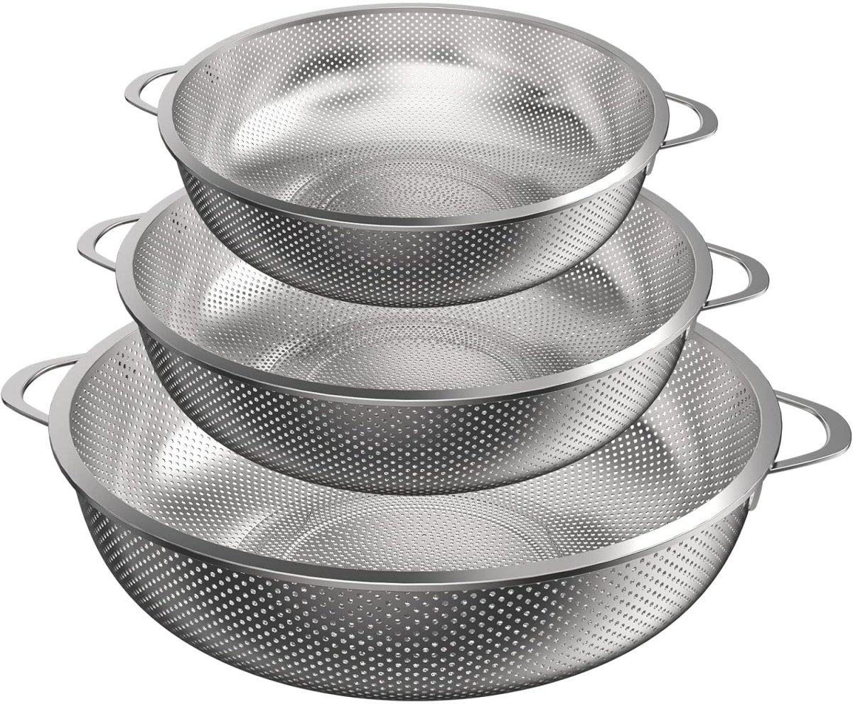 EXCITAT 3 stuks Keuken Afvoermand - Microporeus - Roestvrij staal - Met handvat - Hoogglans gepolijst - 20, 23, 29 cm - Geschikt voor het afgieten van pasta, fruit, rijst en groenten
