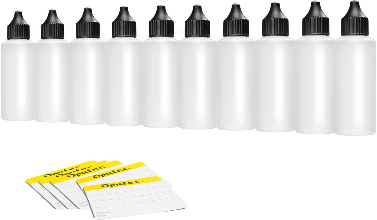 Oputec 10x 100 ml druppelflessen – PE doseerflessen – levensmiddelveilig + etiketten