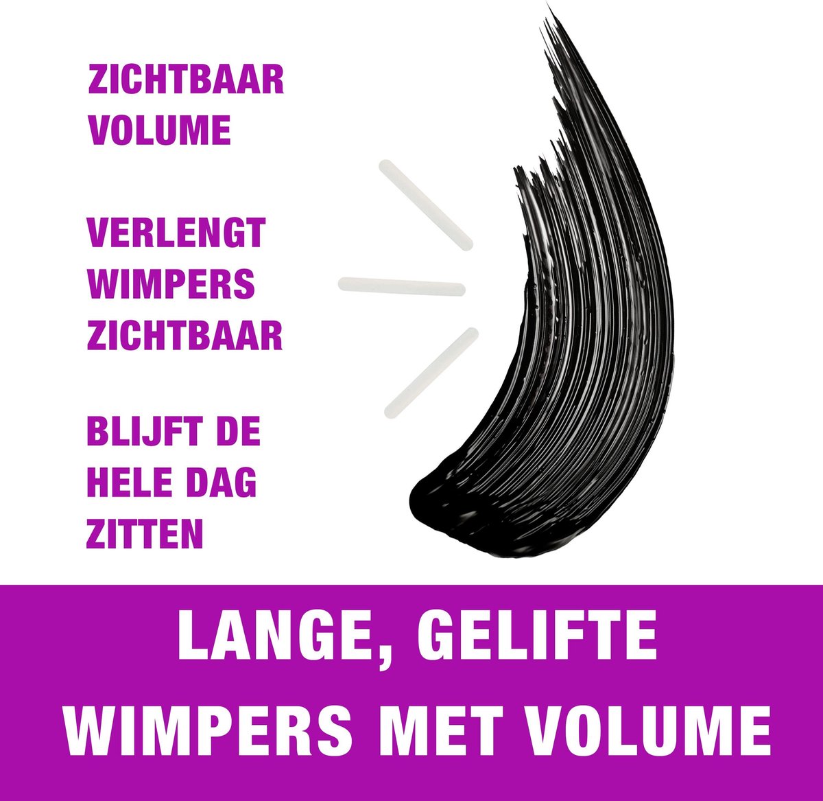 Een zilverkleurige mascara met paarse en zwarte applicator. Het etiket "the Falsies Lash Lift" is paars met witte tekst.