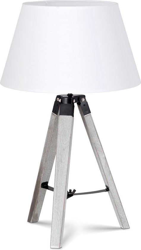 Home Sweet Home tafellamp Largo - tafellamp Hout vintage wit inclusief lampenkap - lampenkap 30/20/17cm - tafellamp hoogte 56 cm - geschikt voor E27 LED lamp - wit