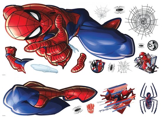 Spiderman-figuren met webben en spinnen, verspreid op een witte achtergrond.
