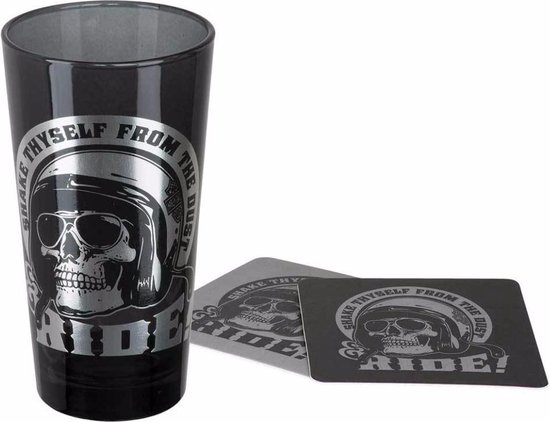 Harley-Davidson Skull Rider Hoog Glas met Bijbehorende Onderzetters