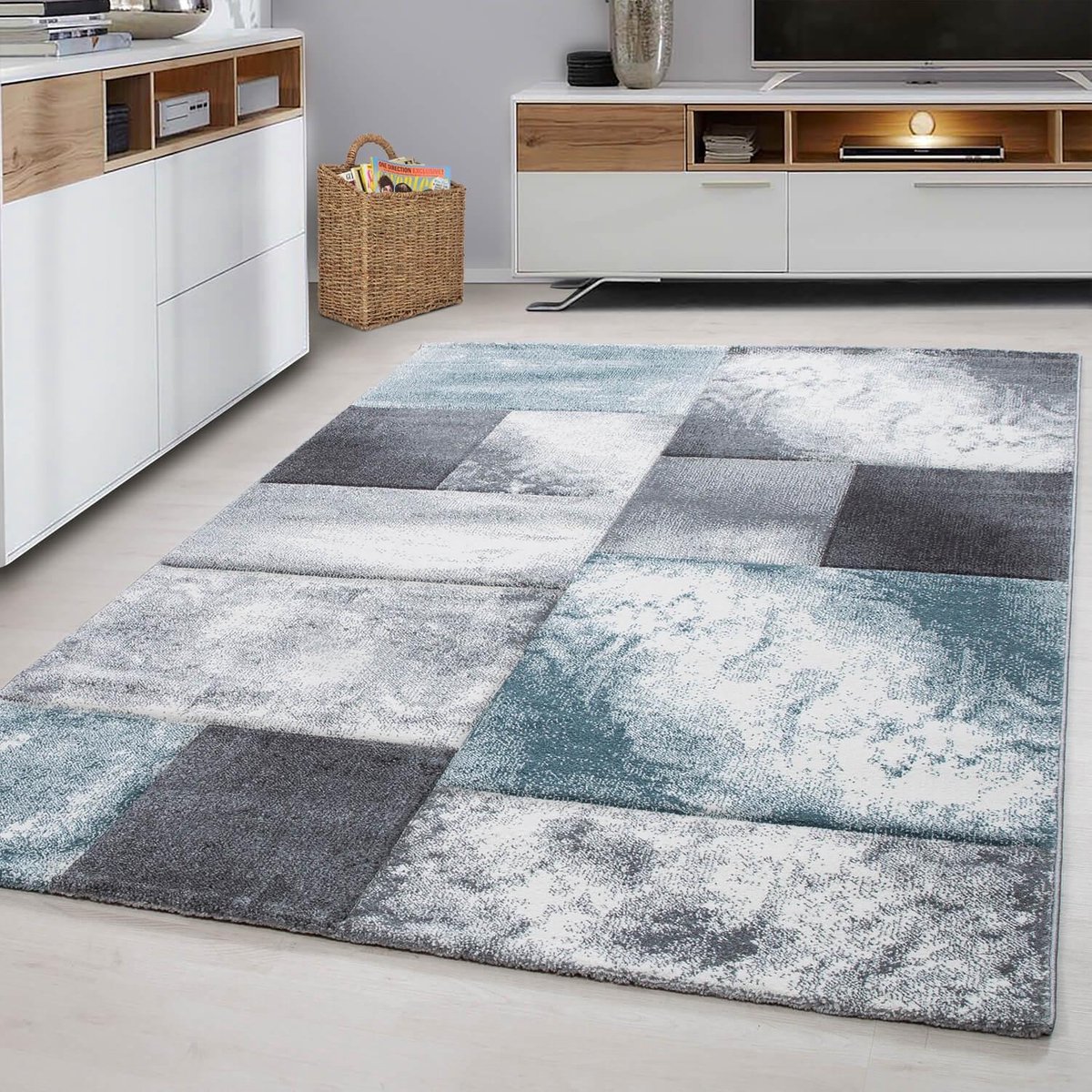 Laagpolig vloerkleed, geruit patroon, blauw, woonkamerkleed, jute achterkant, afmeting: 120 cm x 170 cm