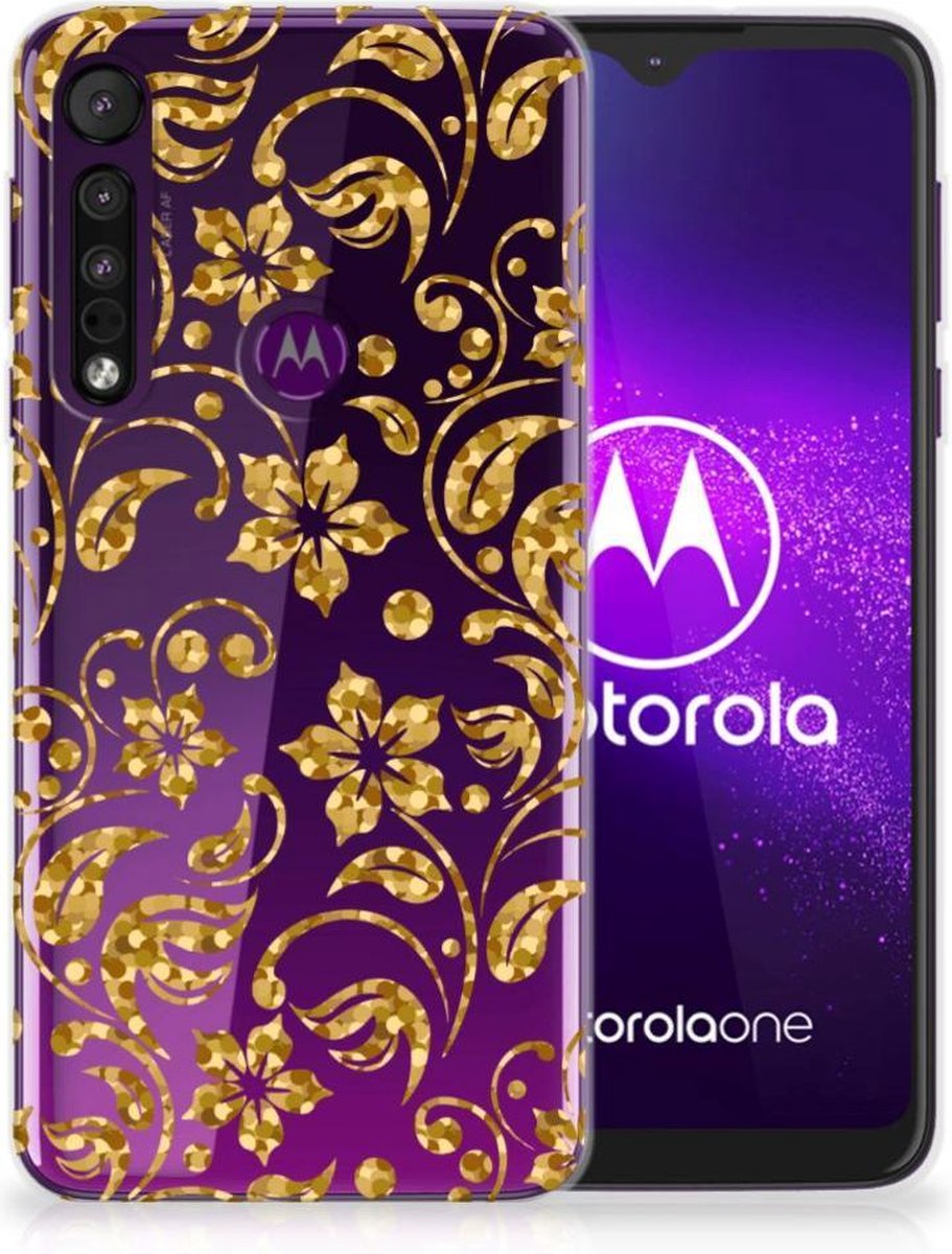 Motorola One Macro TPU Case Gouden Bloemen