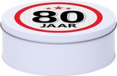 Cadeau/kado wit rond blik 80 jaar 18 cm - Snoeptrommels/koektrommels - Cadeauverpakking voor verjaardag