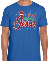 Fout Kerst shirt / t-shirt - Happy birthday Jesus / Jezus - blauw - heren - kerstkleding / kerst outfit S (48)
