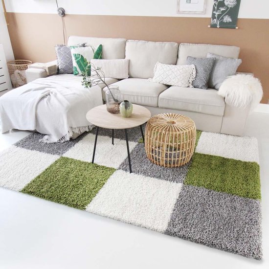 Hoogpolig vloerkleed shaggy Trend blokken - groen 60x110 cm