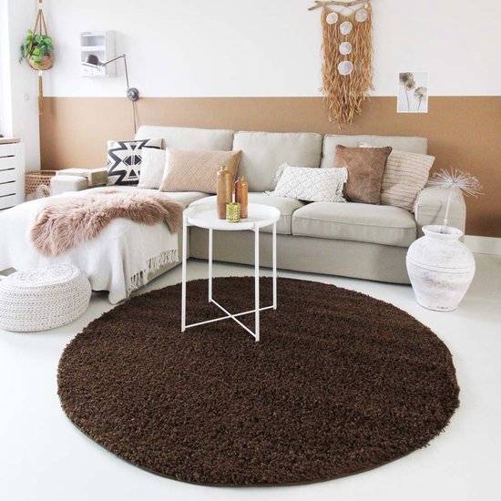 Hoogpolig vloerkleed shaggy Trend effen rond - bruin 120 cm rond