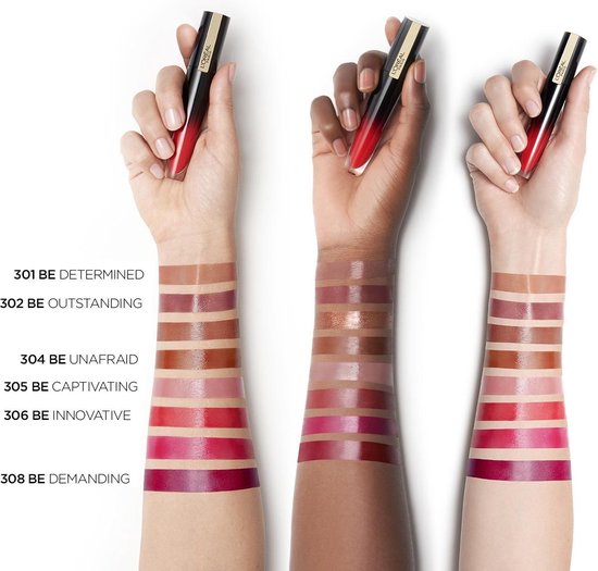 Drie armen met verschillende huidtinten, waarop swatches van L'Oréal Paris lippenstiftkleuren te zien zijn.
