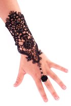 Armband Handschoen Met Kant En Ring - Zwart - Steampunk - Een Stuk