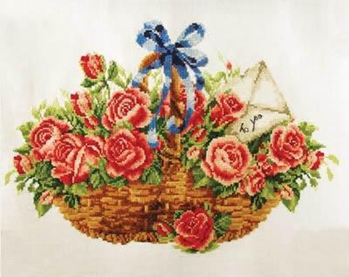 Volledige Borduurpakketen Volwassenen - Voorbedrukt - Hobby en Creatief - Borduurset - Voorbedrukt borduurpakket Basket of Roses mand met rozen Needleart World op aida